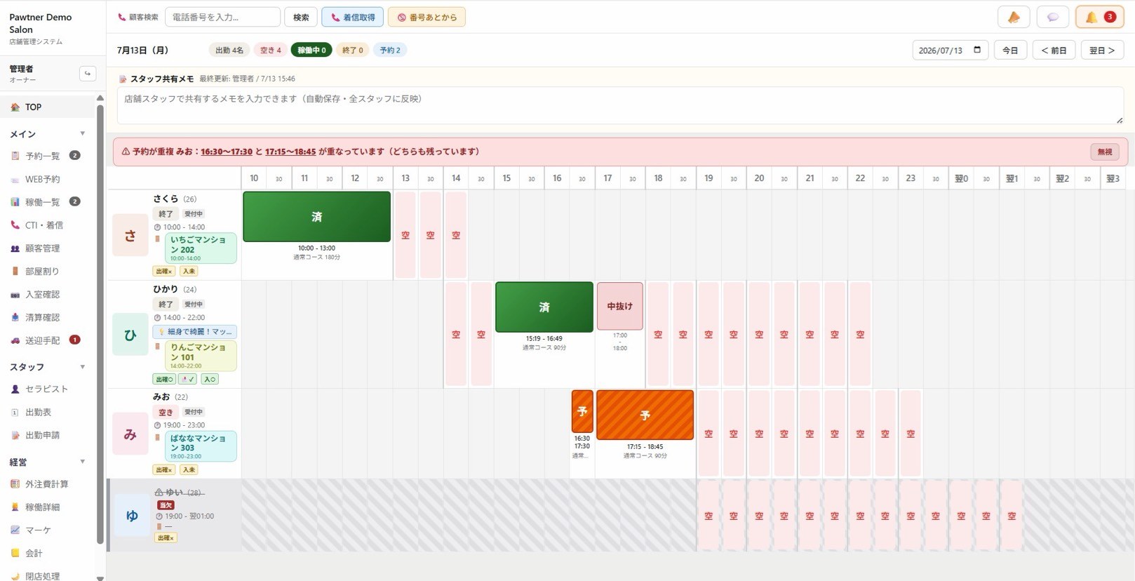Pawtner の予約表画面。セラピストごとの出勤・予約・部屋・空き枠が横棒で一覧表示される